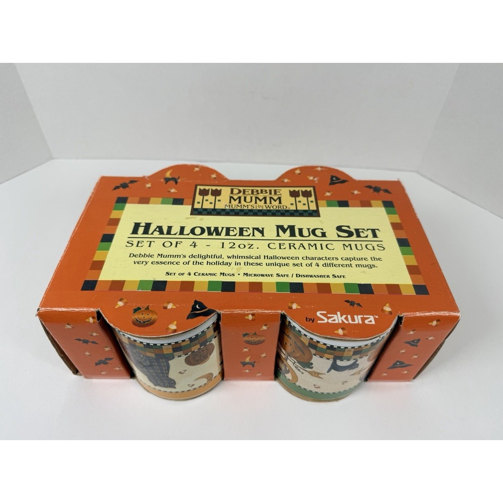 Vintage 1998 Debbie Mumm Sakura Halloween Mug Set 4 Ceramic 12 Oz Boxed NOS!